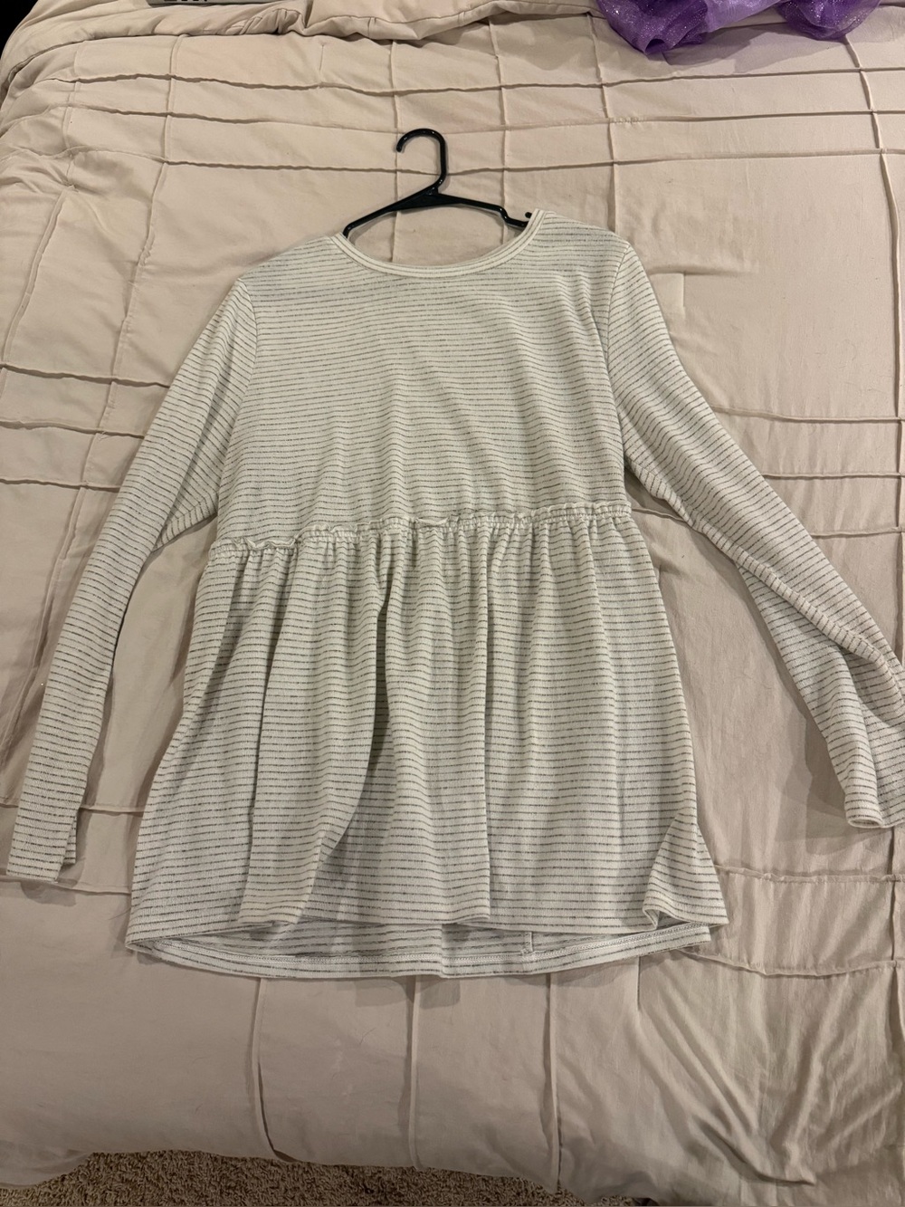 Time & Tru (Maternity) Women’s Long-Sleeve Striped Peplum Top in Light Gray